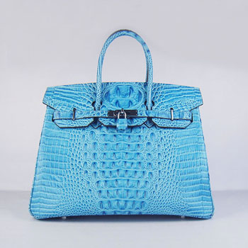 Hermes Birkin 35Cm Crocodile Head Stripe Handbags Light Blue Sil